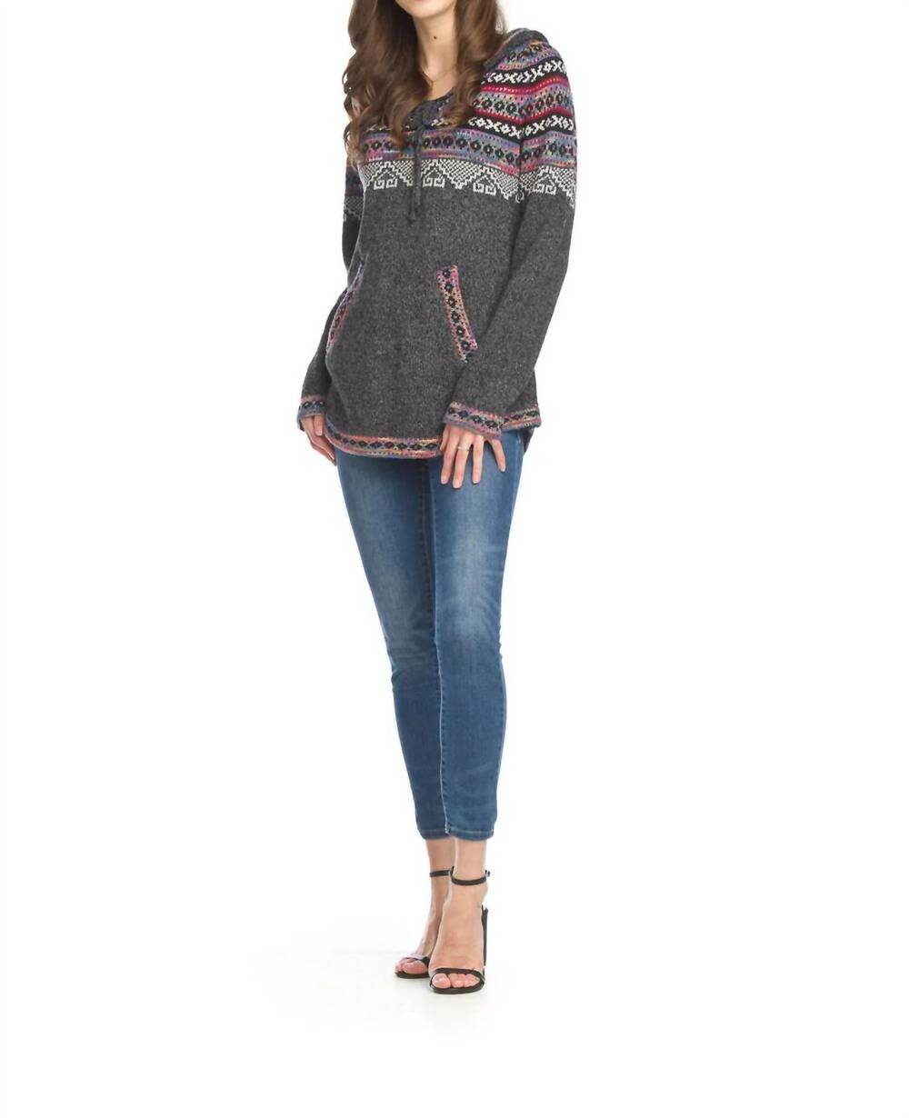 NEW PAPILLON fairisle print pullover sweater with hood in charcoal